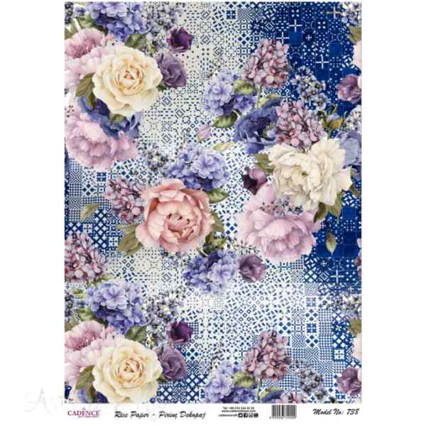 Рисовая карта "Цветы на синей плитке" 30*41см